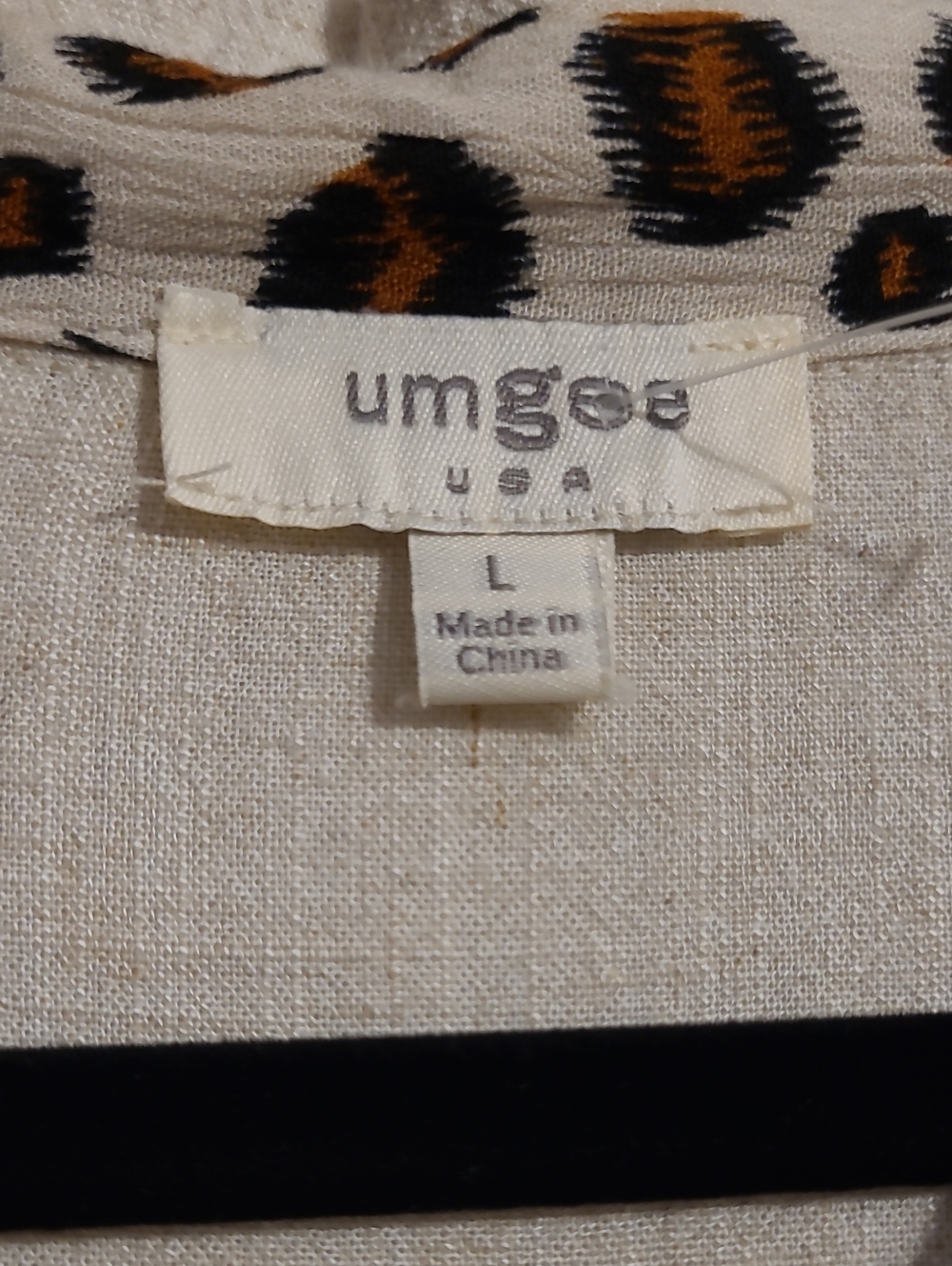 Umgee Linen Cotton Blend Leopard Cheetah Trim Frayed Oatmeal Tunic Top Sz L Boho - Picture 3 of 13